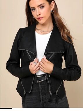 Lulus Vegan Leather Black Moto Jacket with Draped Collar